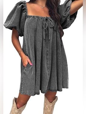 Square Neck Puff Sleeve Mini Dress in Charcoal